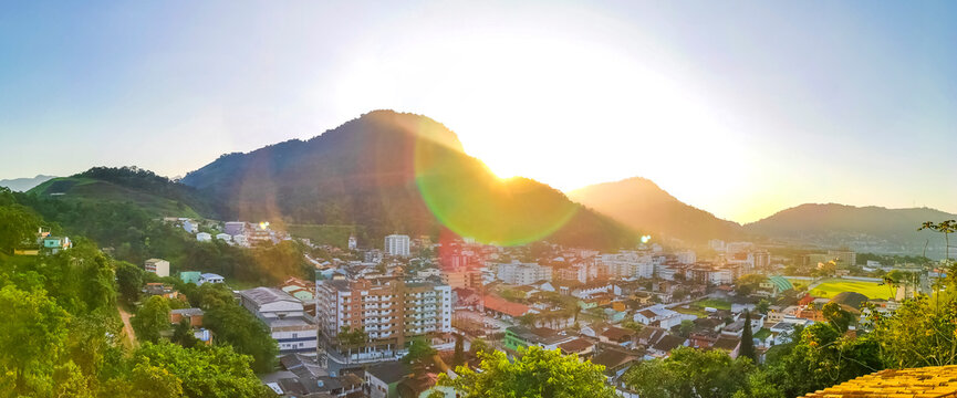Golden colorful sunrise mountain city Angra dos Reis Brazil.