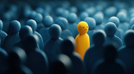 A solitary yellow figure stands out amidst a crowd of blue figures, symbolizing themes of individuality, difference, and feeling within a larger group.