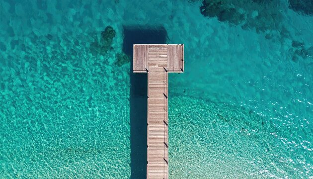 Aerial View Of An Empty Wooden Pier Stretching Into Crystal Clear Turquoise Ocean Water On A Sunny Day