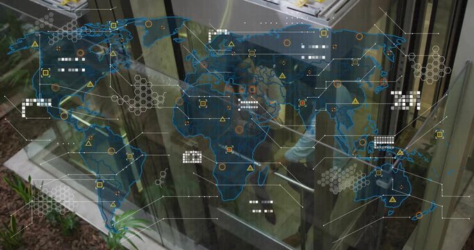 Two colleagues talking in glass elevator, HUD world map appearing and overlaying view for business - Powered by Adobe