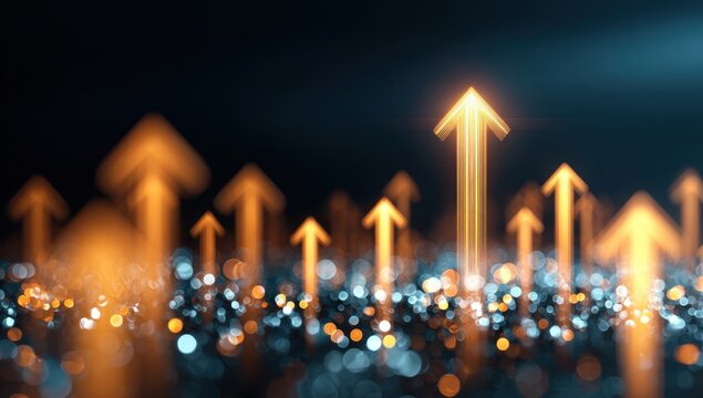 Multiple illuminated arrows pointing upward against a blurred cityscape during nighttime, symbolizing growth and progress.