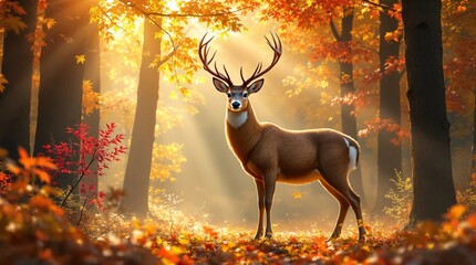 Majestic deer standing in a sunlit autumn forest with vibrant leaves and enchanting atmosphere
