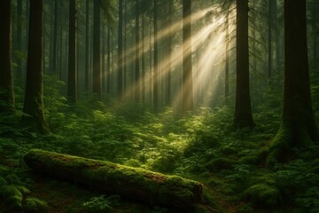 Obraz premium Sunlit old growth forest with towering trunks mossy floor and golden dust motes