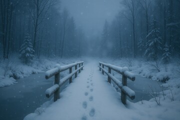 Quiet winter footbridge of weathered wood over frozen creek in soft falling snow