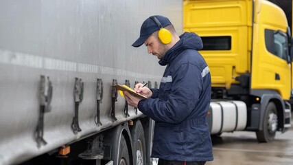Medium shot of a technician examining a trucks side panels for hazardous waste compliance during a roadside inspection under bright daylight.