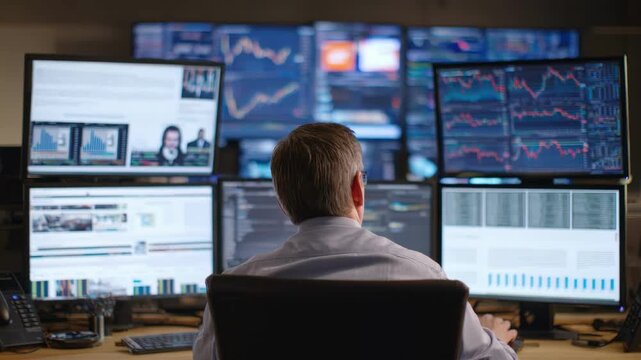 Medium shot focused on an analyst reviewing news articles on multiple screens to identify upcoming changes in market dynamics.