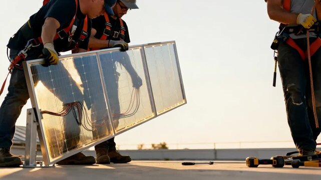 Installation crew adjusting the angle of bifacial solar panels mounted vertically emphasizing the panels dualsided energy absorption and transparency.
