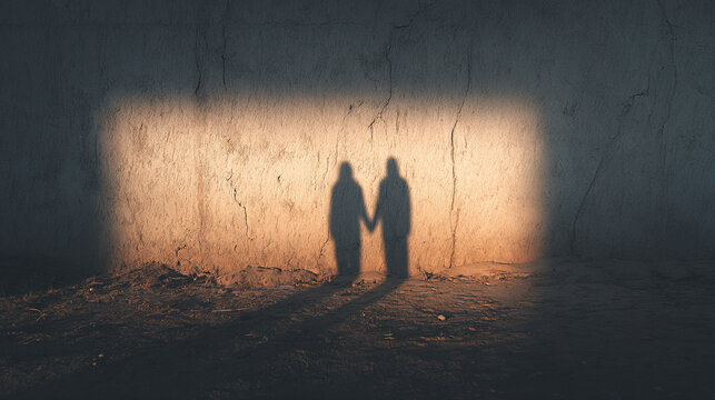 Shadows of two people holding hands symbolize connection love and companionship representing intimacy trust and the quiet bond shared between individuals in subtle light