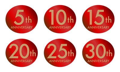 赤い光沢で統一された5周年から30周年までのアニバーサリーエンブレムシリーズ（ベクター素材）