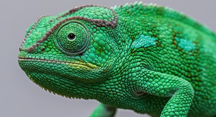 Fototapeta premium Closeup portrait of a vibrant green chameleon revealing its unique skin texture and captivating eye