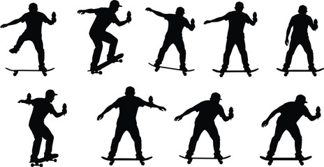 Silhouette skateboard trick sequence, skater holding drink, mid-air stunt, stylish motion, extreme sport, balance, coordination, urban action, youth cultureSilhouette skateboard trick sequence,  © Irin Akter