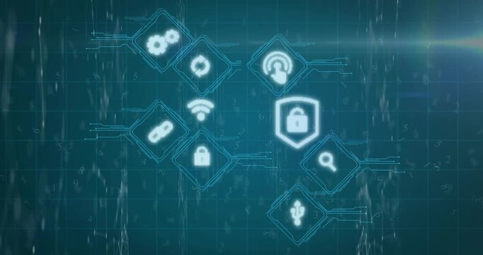 Data rain sparking diamond icons forming, glitching, reforming, highlighting padlock for security