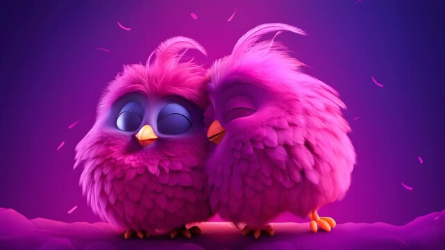 Two cute fluffy pink birds interacting, showing connection and affection, from initial greeting to a loving embrace.