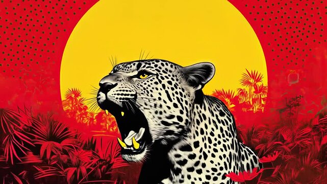 Leopard sitting in jungle foliage under a yellow sun, looking at viewer and then snarling, pop art style illustration
