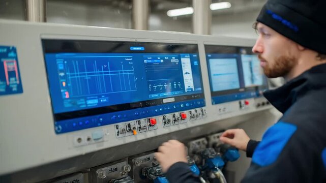 Medium shot focusing on the operational control panel of advanced anaerobic digesters at a mixeduse facility illustrating smart management of biogas production processes.