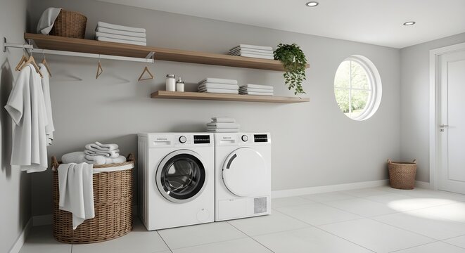 Bright Laundry Room with Round Window and Floating Shelves, Minimalist Laundry Space with Washer and Dryer, Home Laundry Area with Clothes Hangers