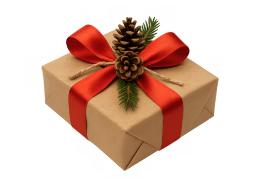 Gift box wrapped in rustic brown paper with red ribbon, pine cones, and fir branches for christmas holiday celebration