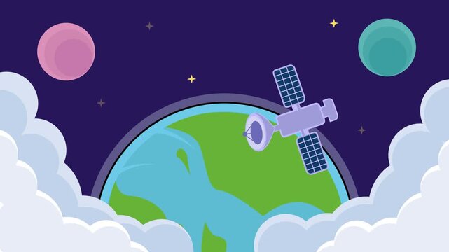 satellite at outer space vector backgrounds video . aerospace sign or symbol for astronomy and science technology idea animated footage motion graphic illustration design
