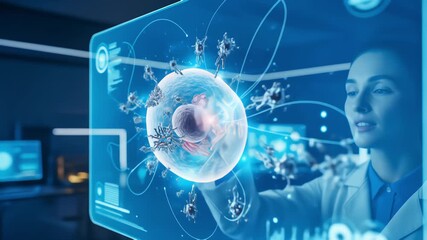 A female scientist interacts with a futuristic holographic display, analyzing a 3D cell model being attacked by viruses in a high-tech lab - Powered by Adobe