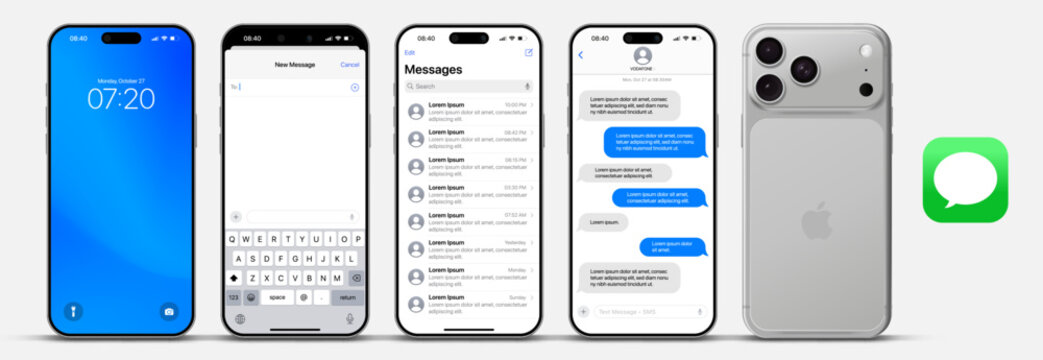 Istanbul, Turkey - November 8, 2025: Apple iMessage mockup with iPhone 17 Pro Max with iOS 26 showing Messages app layout, text bubbles. iPhone iOS message app user interface template. 