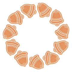 Simple gingerbread cookie bell festive round frame with Christmas decor. The simple vector design perfect for Christmas and New Year decorations or holiday greetings.