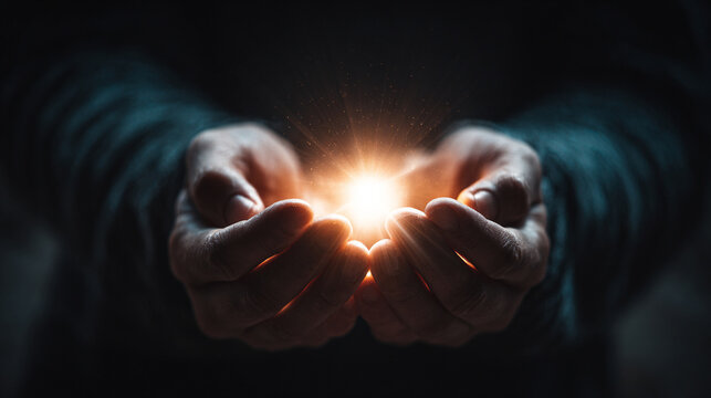 A small glowing orb held in hands in a dark room symbolizes energy protection and mystery representing focus inner light and the human connection to wonder and imagination - Powered by Adobe
