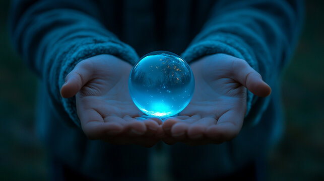 A small glowing orb held in hands in a dark room symbolizes energy protection and mystery representing focus inner light and the human connection to wonder and imagination