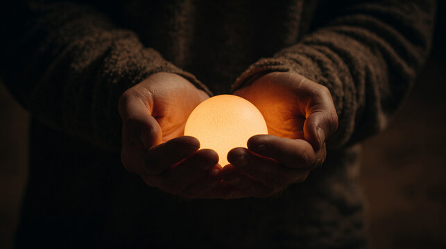 A small glowing orb held in hands in a dark room symbolizes energy protection and mystery representing focus inner light and the human connection to wonder and imagination