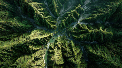 上空から見た複雑な地形のジャングルの風景