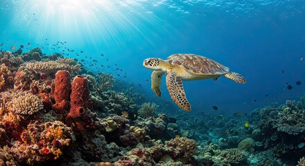 Obraz premium Majestic sea turtle gliding gracefully in a vibrant coral reef ecosystem underwater