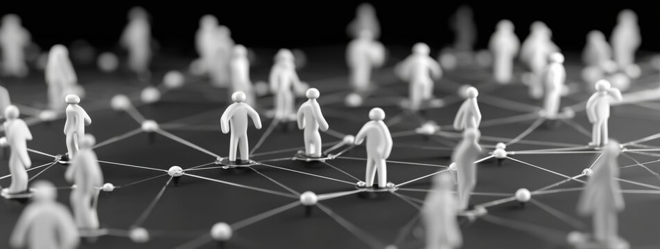 simplified network of people and connections on a grey background, a social media marketing concept with white figures connecting to each other Generative AI