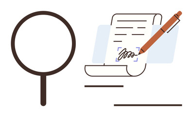Magnifying glass inspecting signed document with pen completing signature. Ideal for law, business, inspection, verification, analysis, approval, and contract themes. Simple flat metaphor