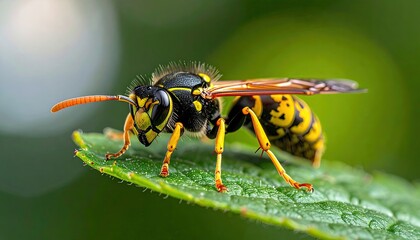 Close up Macro Photograph of a Yellow and Black Wasp Resting on a Vibrant Green Leaf with Soft Bokeh Background in Natural Daylight