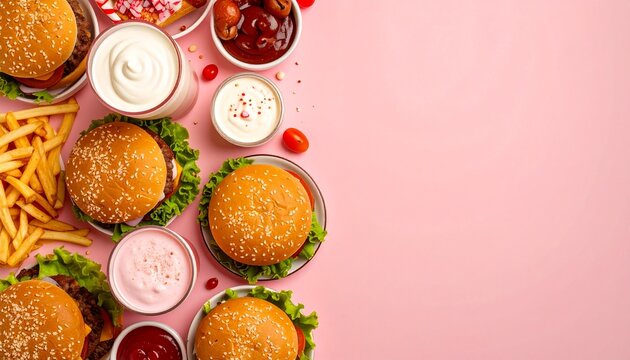 Flat lay of fast food meal with sesame hamburgers french fries sauces and milkshakes arranged as border on vibrant pink background with copy space