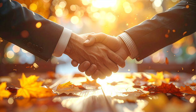 Handshake of Agreement: The image depicts a close-up of two individuals in business suits engaged in a firm handshake, symbolizing a completed deal or agreement.