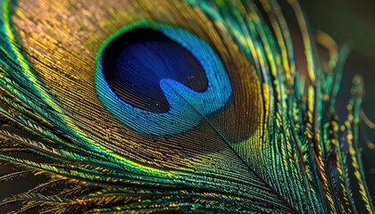 Obraz premium Close up Macro Shot of a Peacock Feather Showing Intricate Spiral Pattern and Iridescent Blue Green and Gold Colors Detailed Texture and Eye Spot