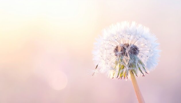 Close up macro shot of a delicate white dandelion seed head covered in tiny water droplets catching the soft morning sunlight with a gentle bokeh background in pastel pink and yellow tones