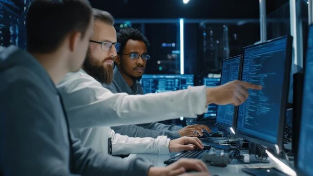 Medium shot of IT specialists conducting a simulated penetration test on corporate systems to identify security vulnerabilities.