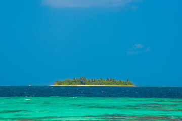 Small island. Summer vacation, holiday amazing nature. Relax paradise, Maldives. Tropical island beach landscape exotic shore coast. Tranquil closeup calm sea water waves with palm trees.