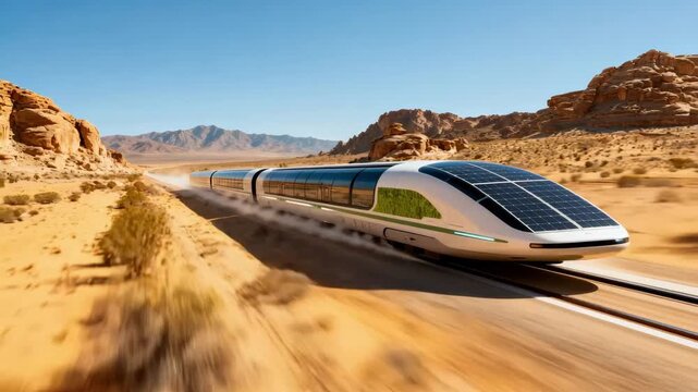 Medium shot capturing a hyperloop pod speeding through an arid desert landscape highlighting innovation in sustainable rapid transit solutions.