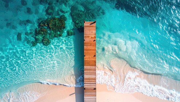 Aerial View of a Wooden Pier Extending into a Turquoise Ocean with Coral Reefs Visible Underwater and Sandy Beach Shoreline