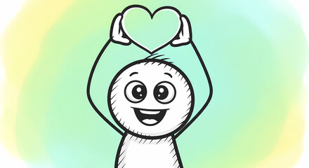 Adorable hand-drawn character with a joyful expression holding a green heart. A simple sketch illustrating the concept of giving love, kindness, and happiness on a colorful watercolor background