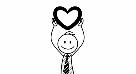 Stick figure holding a heart icon above head, symbolizing love, passion, and care in a simple, minimalist design