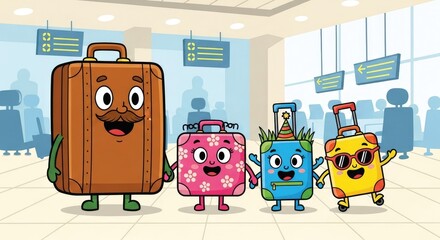 Happy cartoon suitcases at the airport ready for travel.