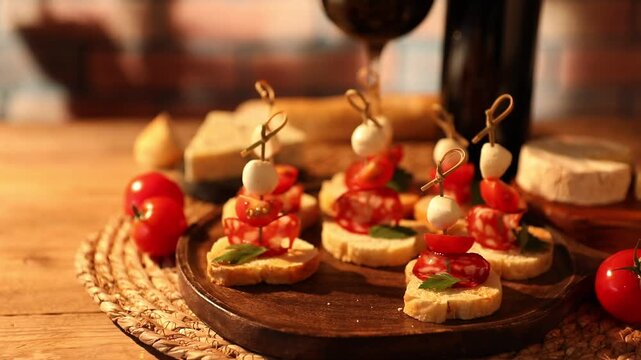 Woman taking delicious bruschetta with salami and mozzarella from wooden table, closeup
