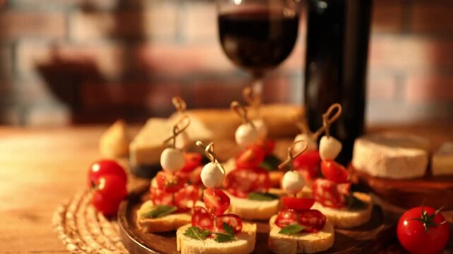 Delicious bruschettas with salami, mozzarella and tomatoes served with wine on wooden table. Camera moving down