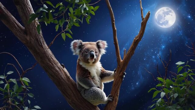 A koala is sitting on a tree branch with a full moon and stars in the dark blue night sky above it koala video