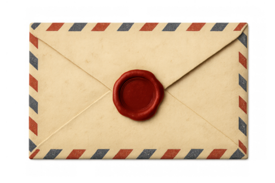 Old airmail envelope with red wax seal creating a concept of secret message, retro mail, and secure delivery