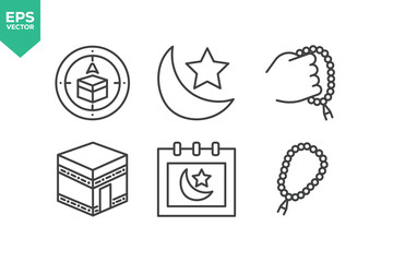 Set Of Ramadan Line Icons. The set includes a Islam, Mosque, Fasting, Quran, Worship, Religion, Crescent, Prayer, Donation, Hampers, and more.