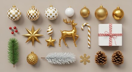 Luxury Golden Christmas Ornaments and Gift Box Flat Lay on Beige Background